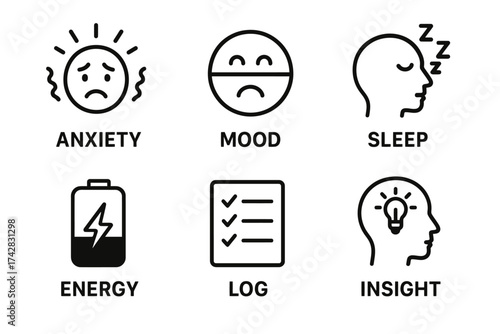 Mental health and wellness icons: anxiety, mood, sleep, energy, log, insight