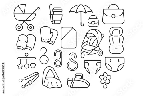 Line art baby essentials collection: stroller, pacifier, diaper, and more