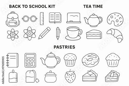 Back to school kit and tea time with pastries line art collection
