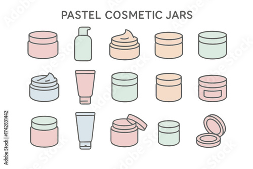 Pastel cosmetic jars collection: creams, tubes, bottles in soothing tones for skincare