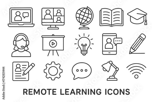 Remote learning icons: online education symbols and tools for digital classrooms