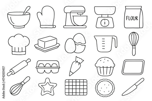 Line art baking utensils: mixer, oven mitt, eggs, flour, and more