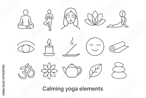 Calming yoga elements: meditation, relaxation, and mindfulness icons