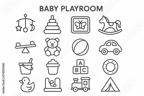 Baby playroom toys icons: rocking horse, blocks, teddy bear, train, duck