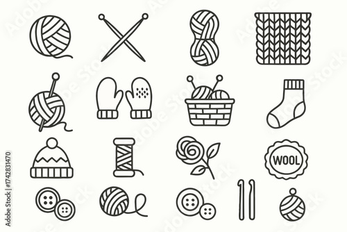 Knitting and crochet icons: yarn, needles, patterns, and tools