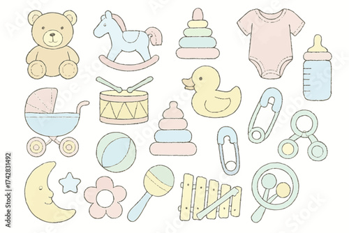 Pastel baby toys and essentials collection in soft colors