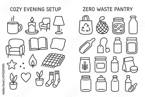 Cozy evening setup and zero waste pantry icons collection