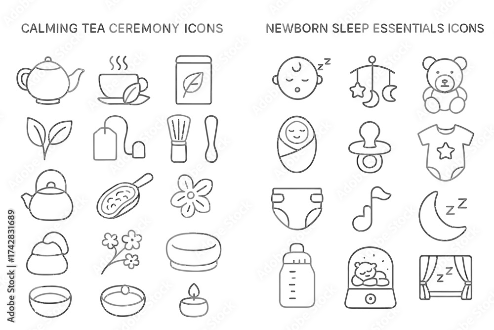 Fototapeta premium Tea ceremony and newborn sleep essentials icons in simple line art style