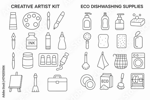 Creative artist tools and eco-friendly dishwashing supplies collection