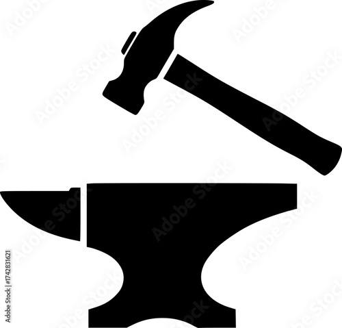 black silhouette of a hammer and anvil, simple vector illustration