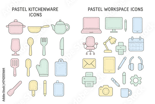 Pastel kitchenware and workspace icons collection for home and office organization
