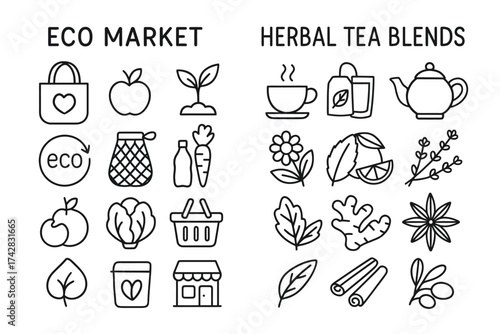 Eco market and herbal tea blend icons: organic shopping and natural ingredients