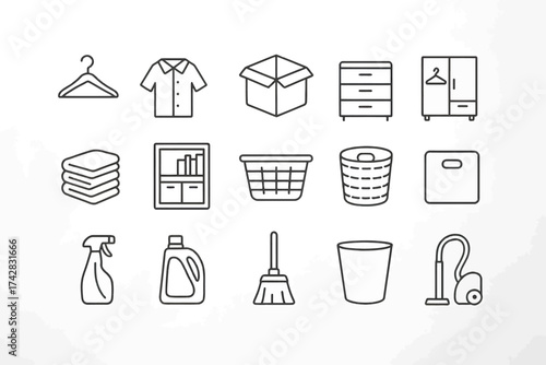 Household essentials: icon set featuring clothing, furniture, and cleaning supplies