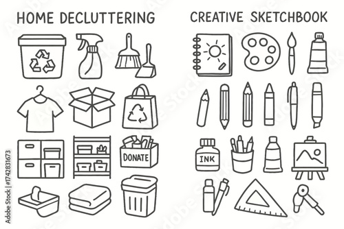 Home decluttering essentials and creative sketchbook tools illustrated