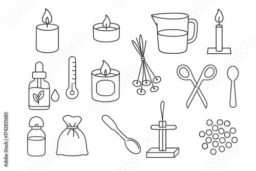 Outline icons of candles, essential oils, and aromatherapy tools