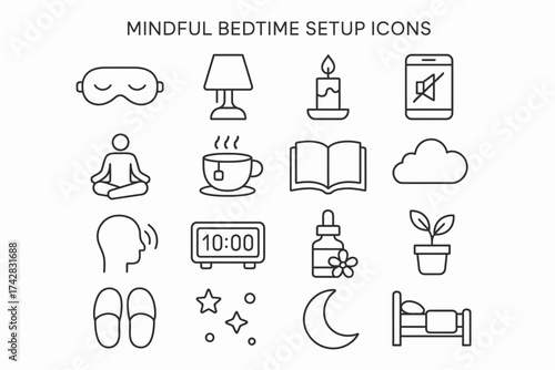Mindful bedtime setup icons: meditation, relaxation, sleep aid, routine, relax