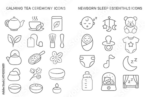 Tea ceremony and newborn sleep essentials icons in simple line art style