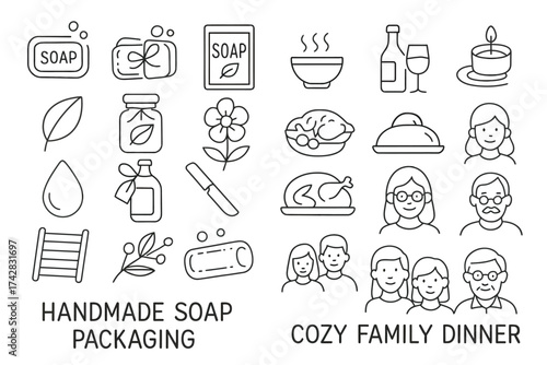Handmade soap packaging and cozy family dinner line art icons