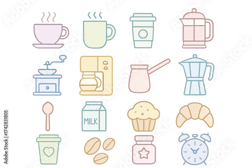 Pastel coffee icons: mugs, grinder, french press, and breakfast items