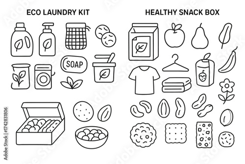 Eco laundry kit and healthy snack box illustration with natural products