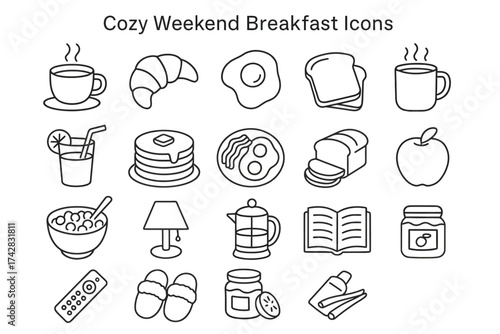 Cozy weekend breakfast icons featuring coffee, pastries, and pancakes for a relaxed morning