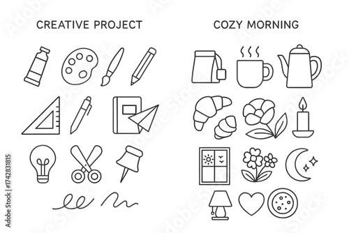 Creative supplies and cozy morning icons with art tools, food, and relaxation symbols