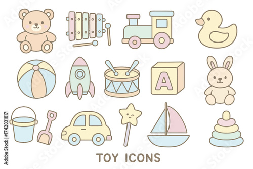 Adorable pastel toy icons including teddy bear, train, duck, and more