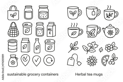 Collection of sustainable grocery containers and herbal tea mugs icon set
