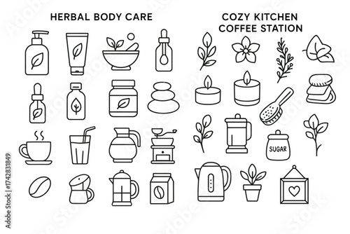Herbal body care and cozy kitchen coffee station icons set