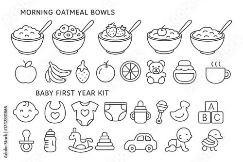 Morning oatmeal bowls and baby first year kit line art collection