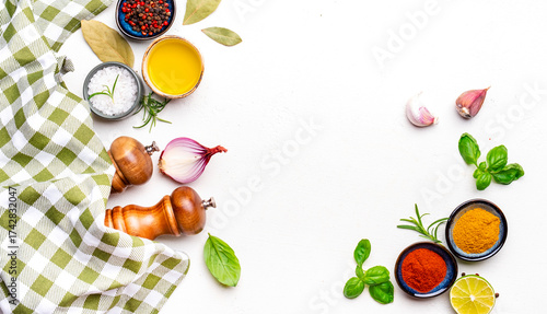 Healthy Food, cooking, spices background, chili pepper and turmeric, towel, spice grinder, kitchen utensils, white copy space, top view