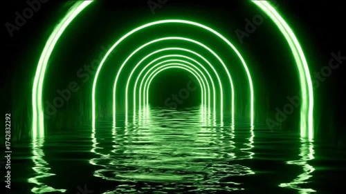 Abstract neon green light tunnel with glowing arches reflected in rippled water, futuristic digital background