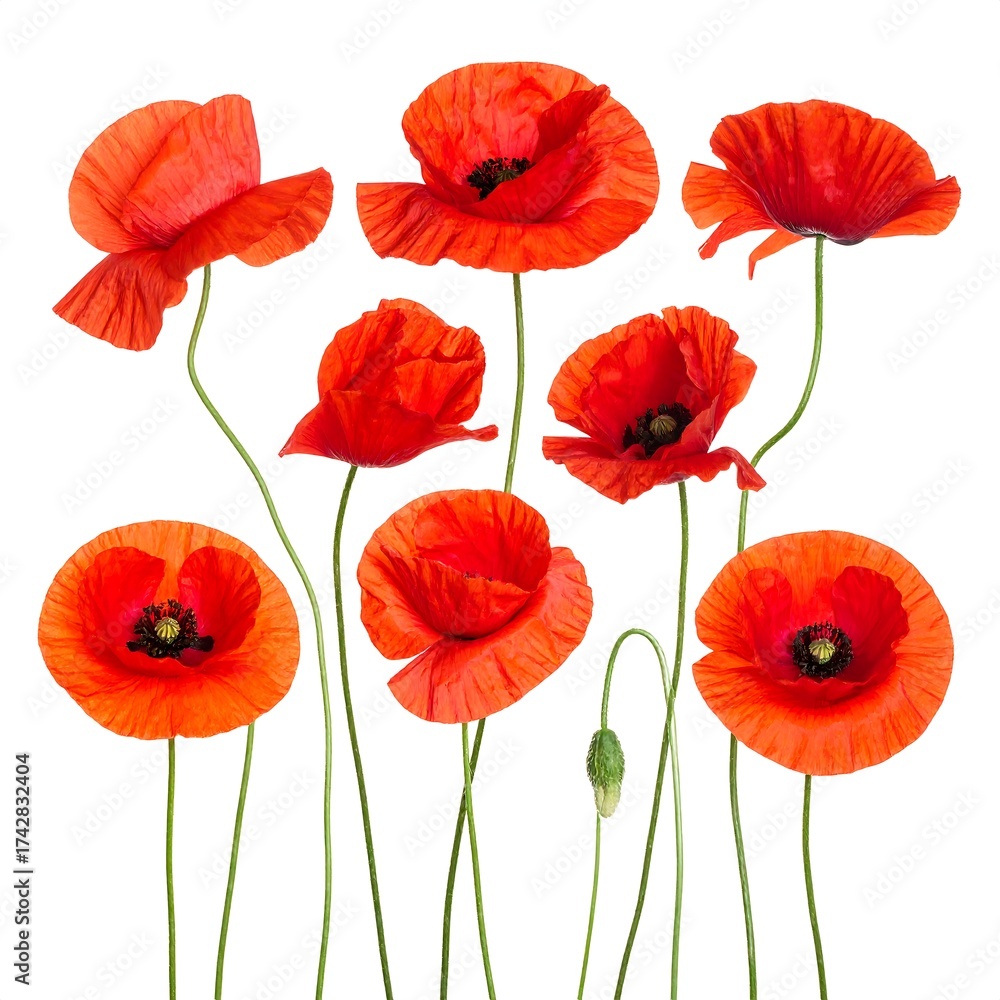 Naklejka premium Several vibrant red flowers with delicate petals and green stems
