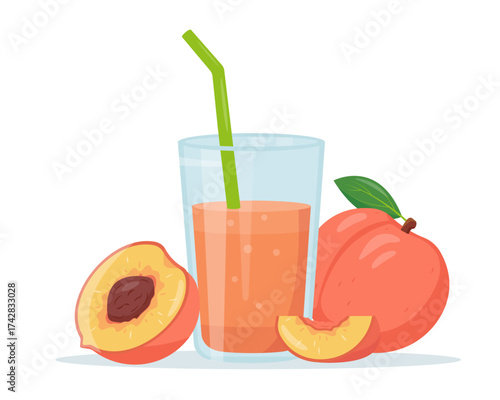 Fresh Peach juice in glass, whole peach fruit, half and piece. Diet vitamin juice or smoothie. Detox fruit cocktail for healthy dieting. Vector illustration isolated on white background.