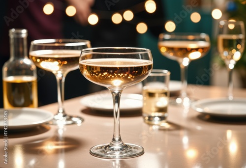 Wallpaper Mural White wine glasses on a dining table in warm festive ambiance Torontodigital.ca
