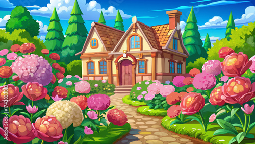 Beautiful French cottage surrounded by pink peonies and daffodils, fantasy garden path, bright sunlight reflections, detailed vector illustration with soft spring tones and elegant charm.