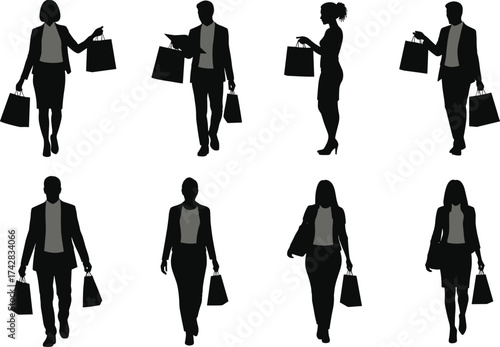 Business people silhouettes, shopping bags, retail consumers, walking figures, professional attire, commerce lifestyle, marketing concept illustration