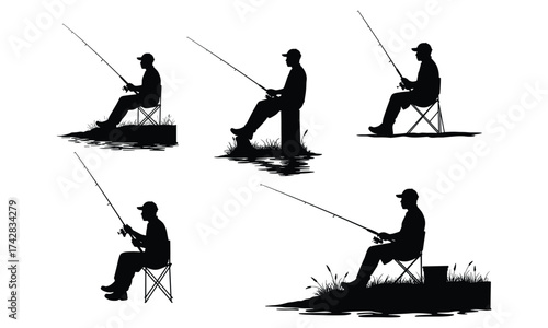 Fishing silhouettes, people with rods, sitting poses, outdoor leisure, hobby activity, angler figures, lake fishing, peaceful pastime, recreation illustration, flat vector
