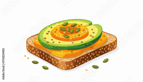 Healthy avocado toast with pumpkin seeds. Vector illustration of a vegan breakfast or brunch sandwich isolated on a white background.