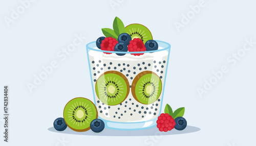 Healthy chia seed pudding with fresh kiwi and berries. Vector illustration of a nutritious breakfast or dessert. Superfood concept with copy space.