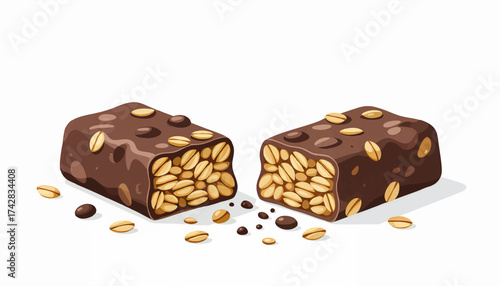 Broken chocolate and peanut protein bar with a cereal filling. Vector illustration of a sweet snack. Isolated on a white background
