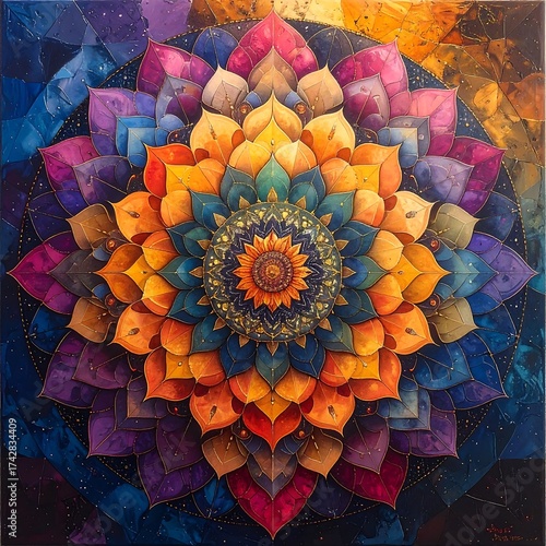 Vivid mandala with intricate layered petals radiating vibrant colors