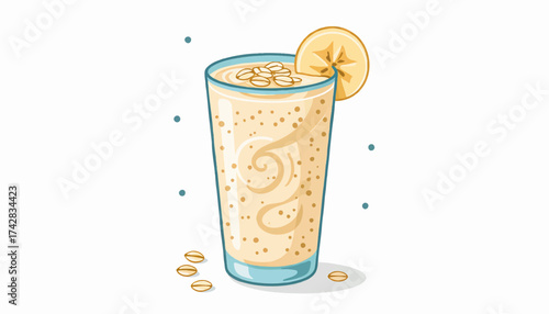 A healthy banana and oat smoothie in a glass. Vector illustration of a nutritious breakfast drink. Isolated on a white background for copy space