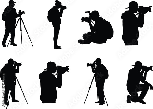 Photographer silhouettes, camera poses, tripod figures, outdoor photography, travel shooting, professional cameraman, hobby activity, creative capture, photo session, flat vector