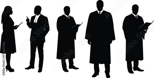 Professional silhouettes, business people, academic robes, legal figures, formal attire, courtroom scene, education ceremony, teamwork discussion, authority roles, flat vector