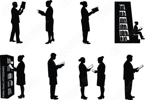 Reading silhouettes, people with books, bookshelf figures, standing poses, sitting readers, education concept, literature lovers, library scene, knowledge learning, flat vector