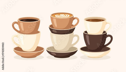 A collection of stacked coffee cups with various drinks like cappuccino and espresso. Vector illustration for a cafe menu or coffee shop concept