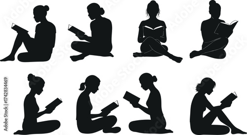 Reading silhouettes, people with books, sitting poses, education concept, leisure activity, literature lovers, student study, knowledge learning, relaxation illustration, flat vector