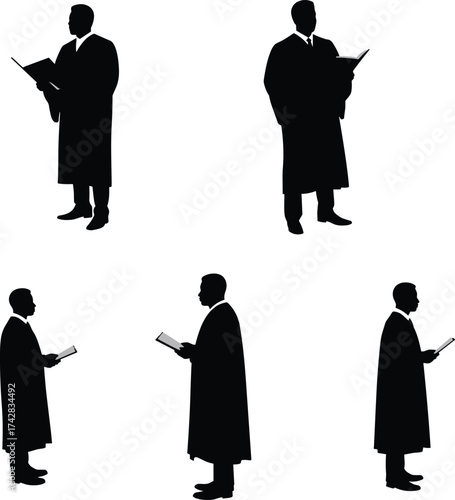 Robe silhouettes, reading figures, academic attire, book holding poses, scholarly design, education concept, religious study, formal illustration, knowledge theme, flat vector