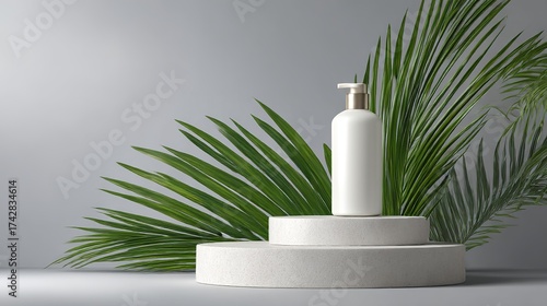 Abstract cosmetic backdrop for showcasing products. Features a cosmetic bottle on a podium with a green palm leaf, set against a grey background. 3D rendered illustration, with isolated objects
